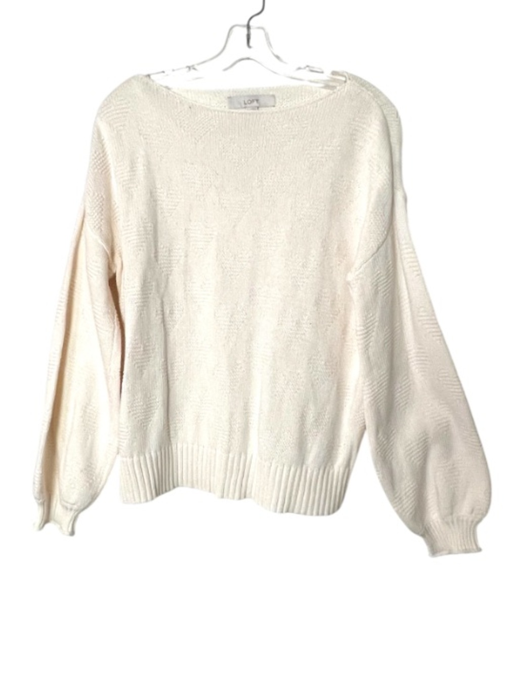 LOFT Small Ivory Heart Textured Knit Sweater Balloon Sleeve Cotton Pullover